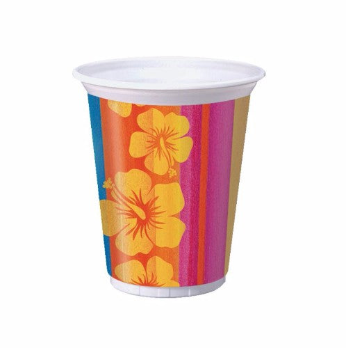 Vibrant sunset-striped plastic cups perfect for tropical gatherings, reusable and ideal for serving drinks.