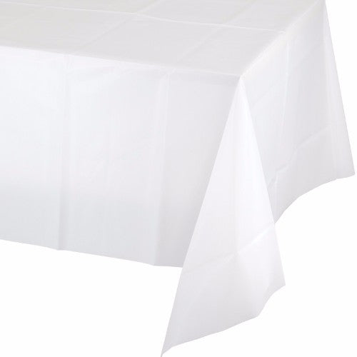 Elegant white plastic tablecover, 137cm x 274cm, ideal for weddings, parties, and protecting tables from spills.