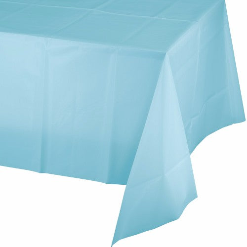 Pastel blue plastic tablecover measuring 137cm x 274cm, perfect for elegant gatherings and easy cleanup.