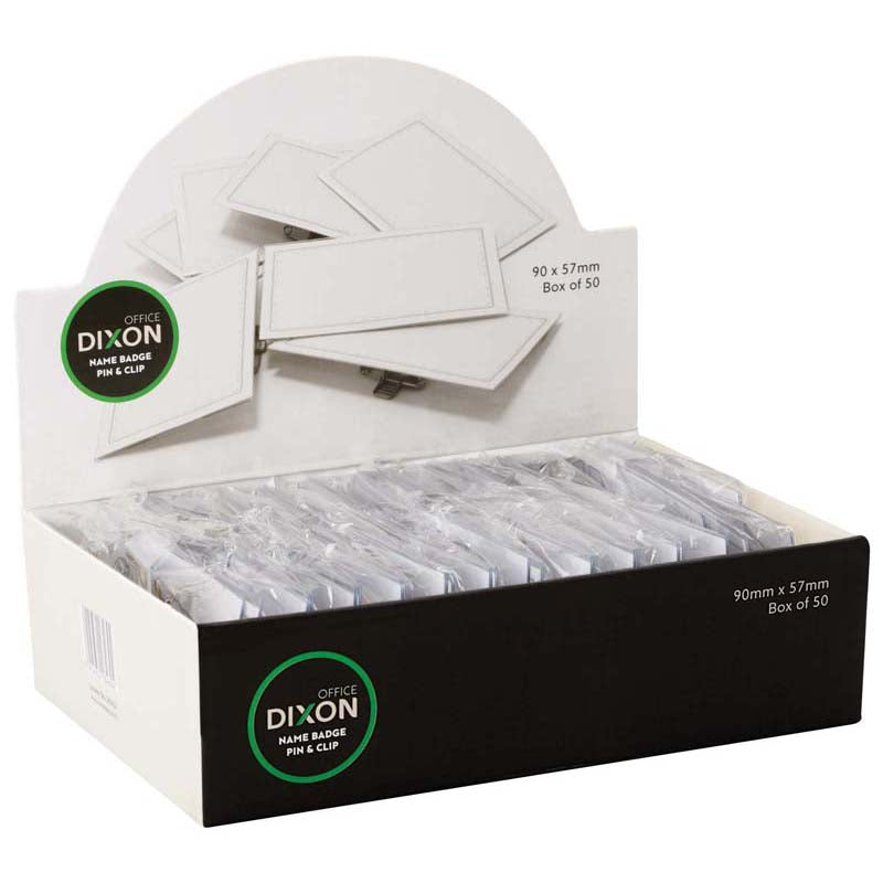 Dixon name tag holders with pin and clip design, clear plastic, customizable inserts for professional ID display.