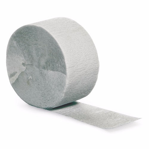Elegant shimmering silver crepe streamer, 24.68m long, perfect for adding sparkle to festive celebrations.