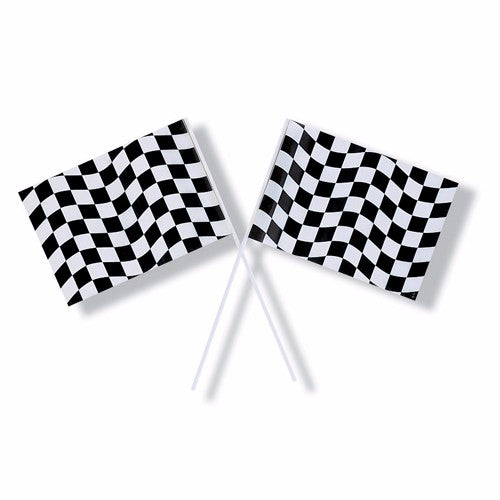 Black and white checkered plastic flag, 15cm x 24cm, perfect for racing events and celebrations.