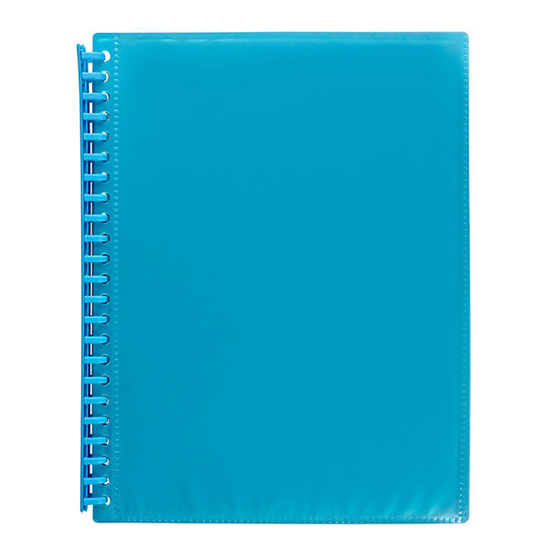 Pack of 12 Marbig A4 Marine blue Display Books, each with 20 clear pockets and spiral spine for easy document management.