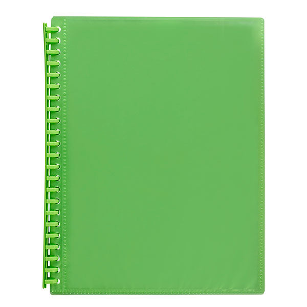 Vibrant lime Marbig A4 display book pack of 12 with 20 clear pockets and a spiral spine for easy document management.