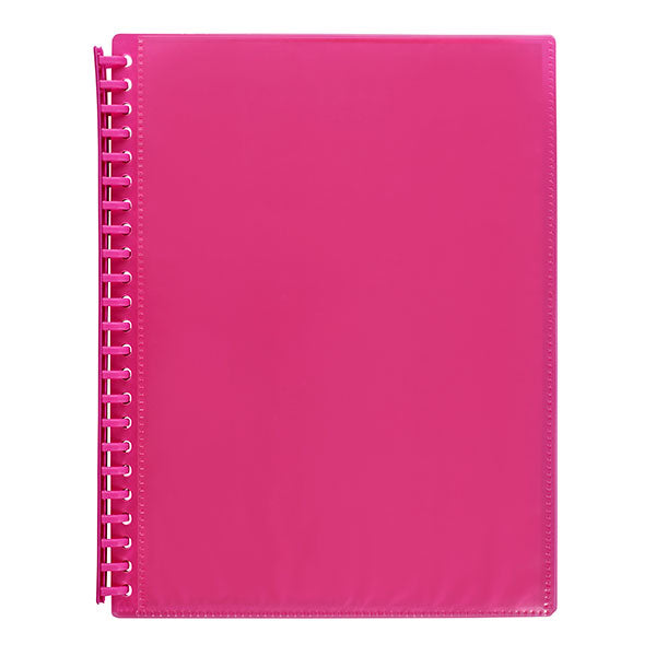 Vibrant pink Marbig A4 display book pack of 12 with 20 clear pockets for organizing and showcasing documents.