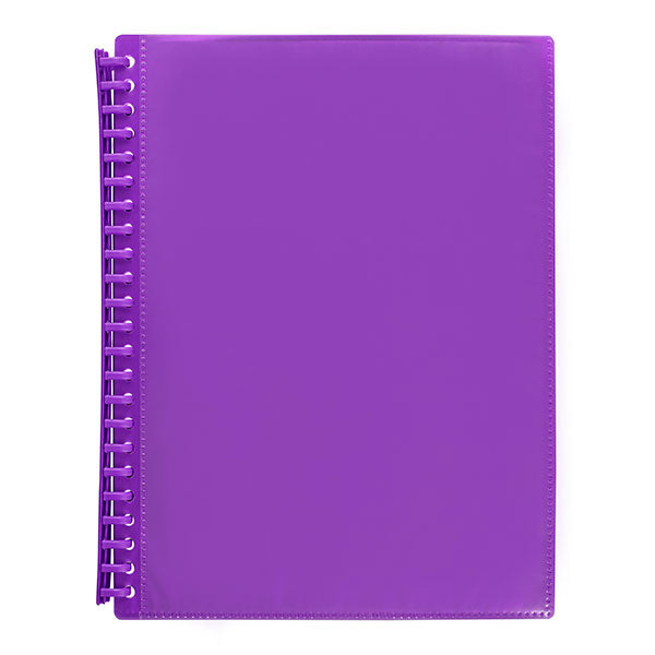 Pack of 12 Marbig A4 Purple display books with 20 clear pockets for organizing and presenting documents neatly.