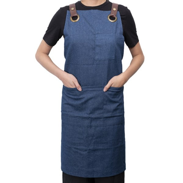 Stylish Denim Apron With Pockets Dark Blue