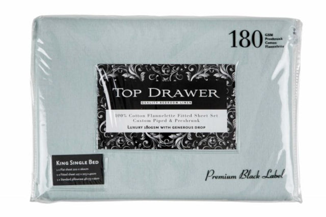 180GSM Flannelette Sheet Set in Seafom color, 100% cotton for warmth and comfort, includes fitted sheet and pillowcases.