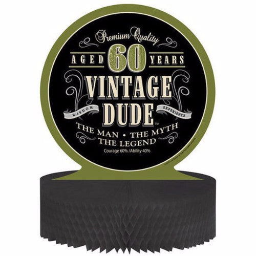 Vintage Dude 60th Birthday Centrepiece featuring honeycomb design, celebrating 'the man, the myth, the legend'.