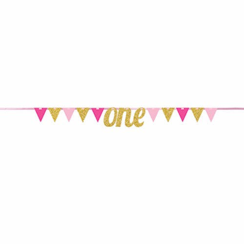 Gold and pink glittered banner pennant, 20cm x 2.74m, perfect for elegant celebrations and photo backdrops.