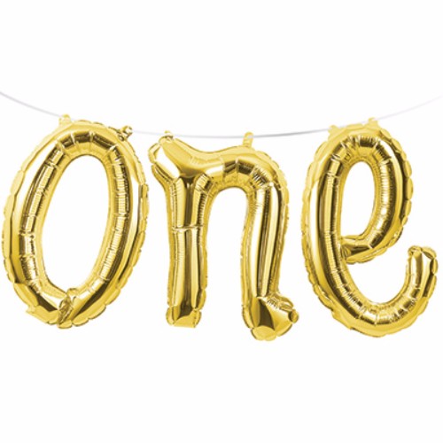 Gold foil balloon banner shaped like 'one', air fill, includes satin ribbon and straw for easy inflation.