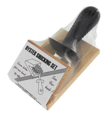 Oyster shucker with wooden guard, featuring a 6 cm high carbon steel blade for safe and efficient shelling.