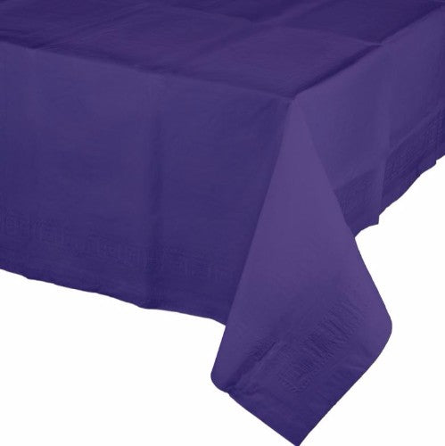 Elegant purple table cover, 137cm x 274cm, featuring absorbent tissue and waterproof backing for stylish event protection.