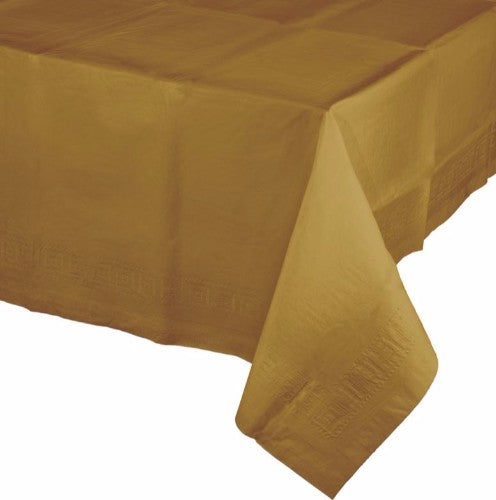 Glamorous Glittering Gold Tablecover with waterproof backing, ideal for enhancing party decor and protecting surfaces.