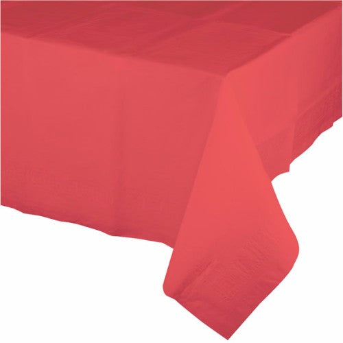 Vibrant coral plastic tablecover, 137cm x 274cm, perfect for parties, picnics, and easy cleanup at any event.
