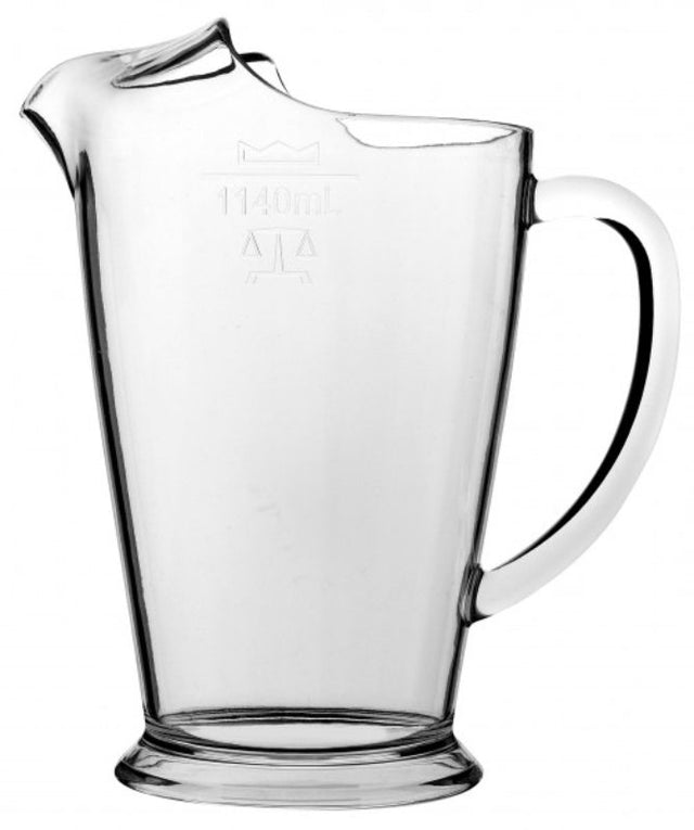 Set of 12 durable polycarbonate jugs, 1.14L capacity, perfect for serving beverages at parties and restaurants.