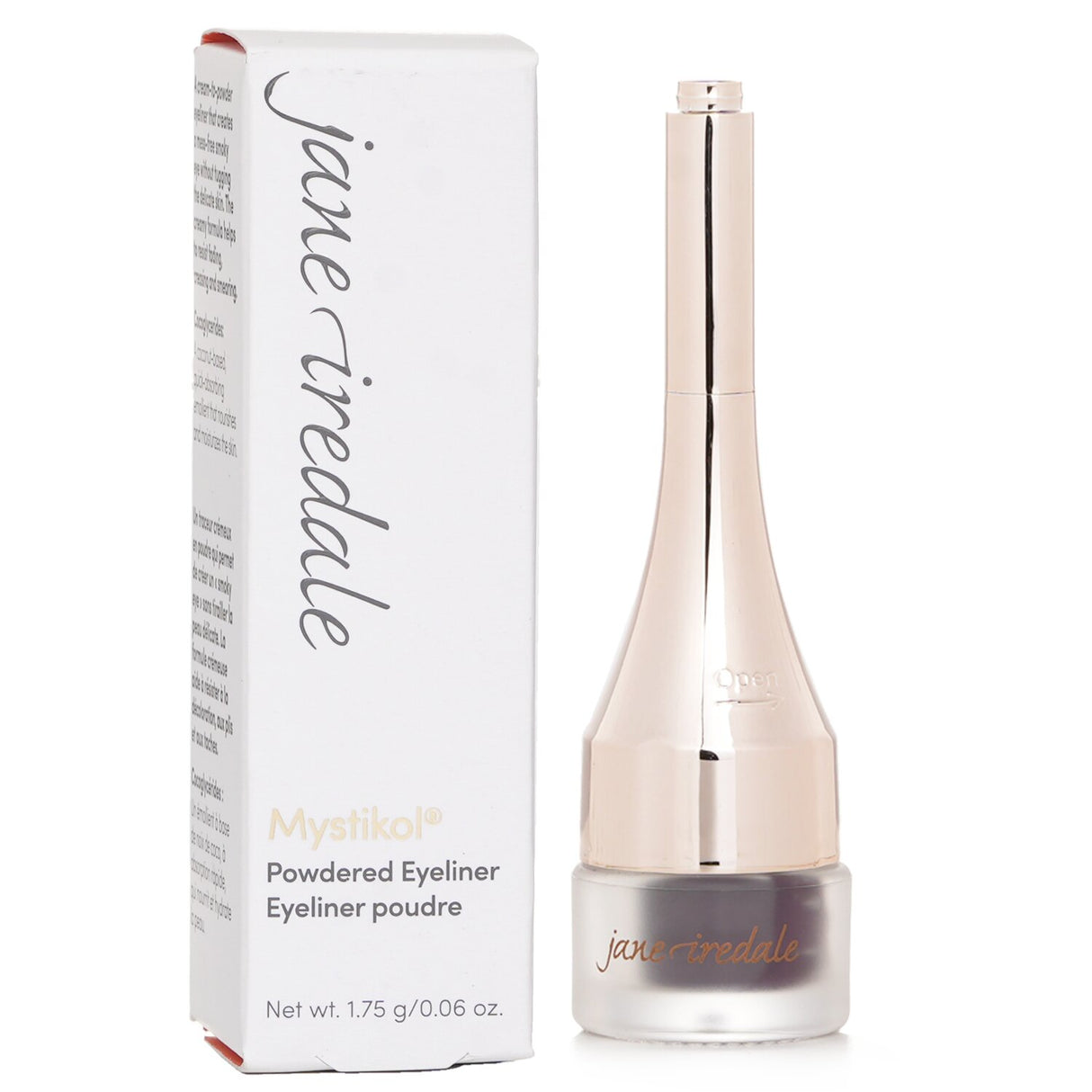 Jane Iredale Mystikol Powdered Eyeliner in Amethyst, water-resistant formula, built-in brush for precise application.