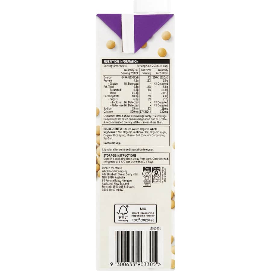 Macro Organic Soy Milk  Carton 1L