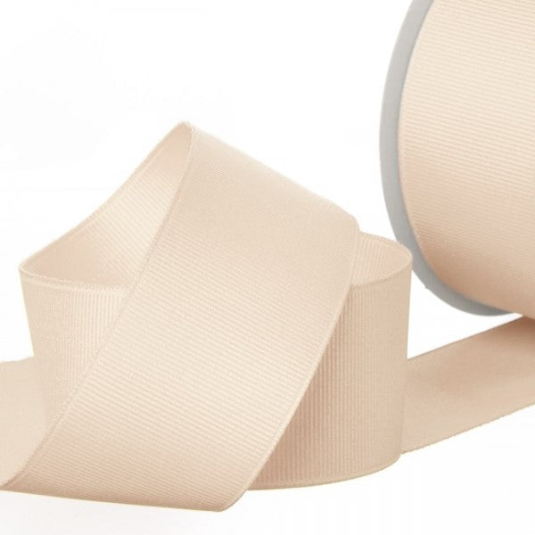 Champagne grosgrain ribbon, 38mm wide, 20m long, perfect for elegant crafts and gift wrapping.