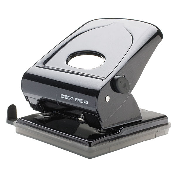 Rapid Punch FMC40 Black, a powerful metal hole punch for 40 sheets, features a lock-down handle and adjustable guide.