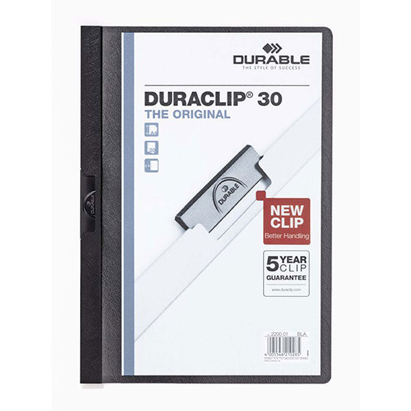 Duraclip A4 binder with transparent cover, holds 1-30 sheets, durable plastic, 5-year clip guarantee.