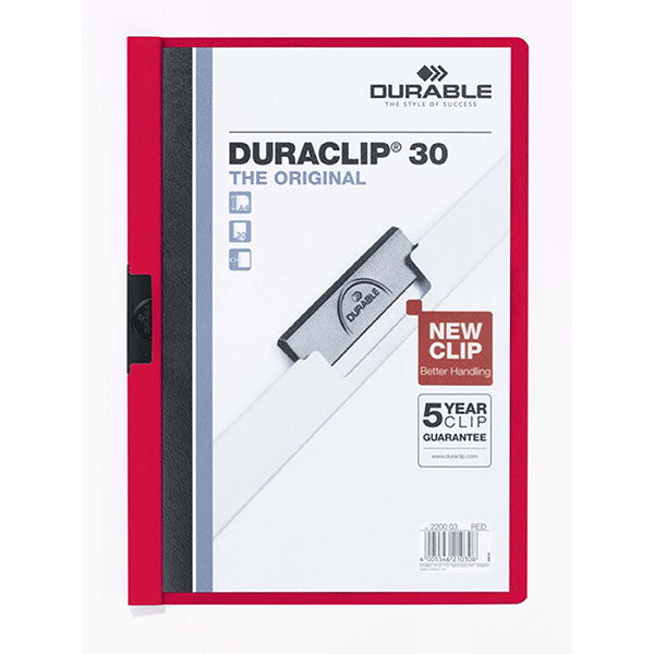 Durable Duraclip Doc Fle A4 folder with transparent cover, holds 30 A4 sheets, features colorful spine and quick insert design.