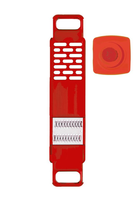 Versatile Grater & Julienne Mandoline in Red with non-slip base, protective hand guard, and precision slicing features.