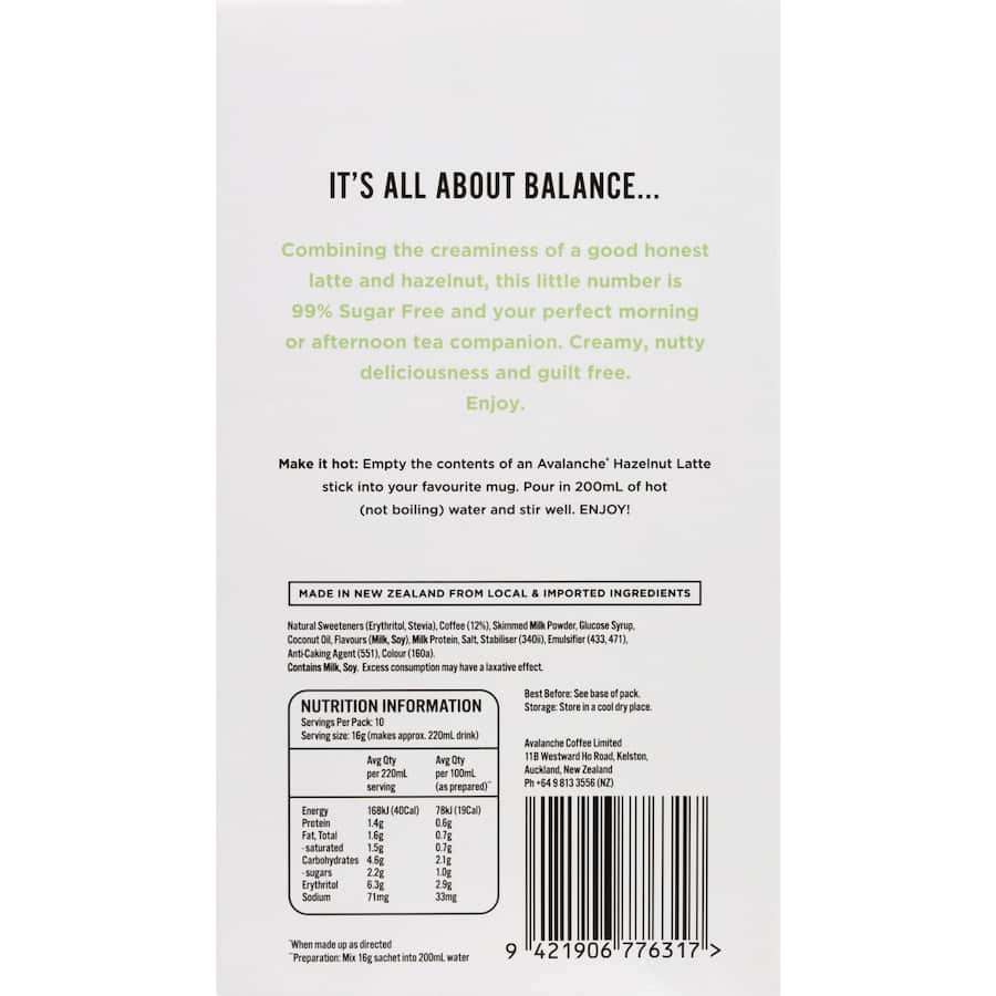 Avalanche Coffee Sachets 99% Sugar Free Hazelnut Latte