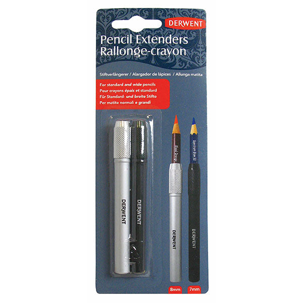 Derwent Pencil Extender Set 2 features silver and black extenders for maximizing pencil use and reducing waste in art.