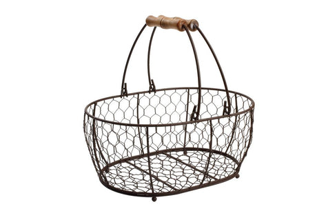 Medium rustic oval wire basket with brown handles, ideal for storage, serving, or displaying plants.