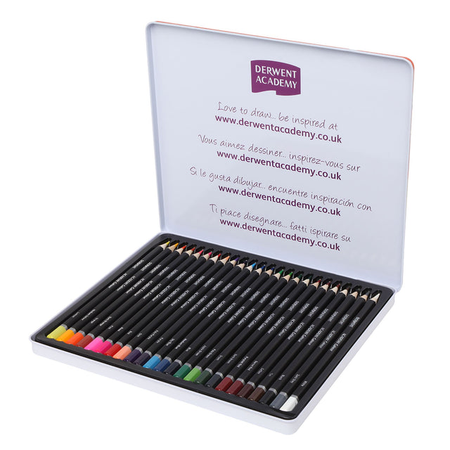 Derwent Coloured Pencils Pk 24 Tin featuring vibrant, blendable colors in durable wood barrels for artists and hobbyists.