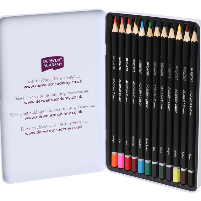 Derwent Watercolour Pencils Tin 12 features 12 vibrant colors with a hexagonal wood barrel for easy handling and versatile use.