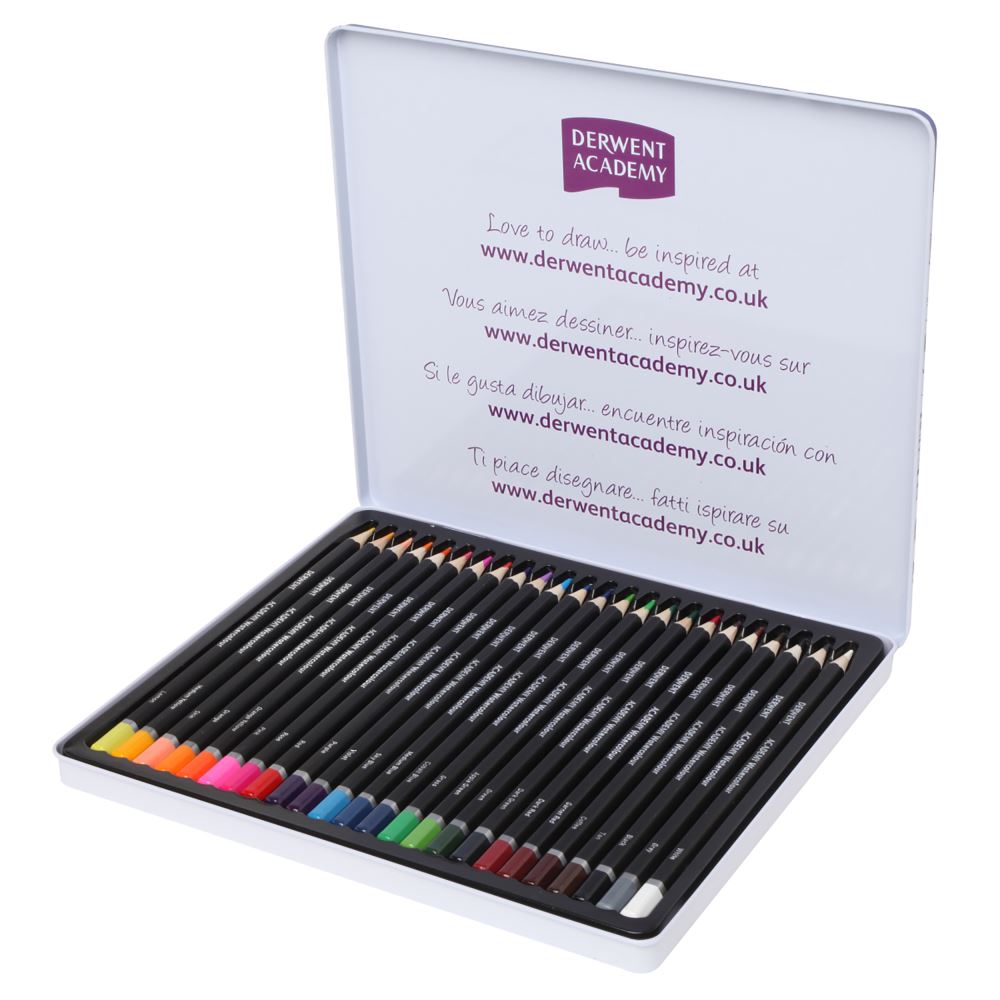 Derwent Watercolour Pencils Tin 24 featuring 24 vibrant colours, ideal for dry use and watercolour effects.