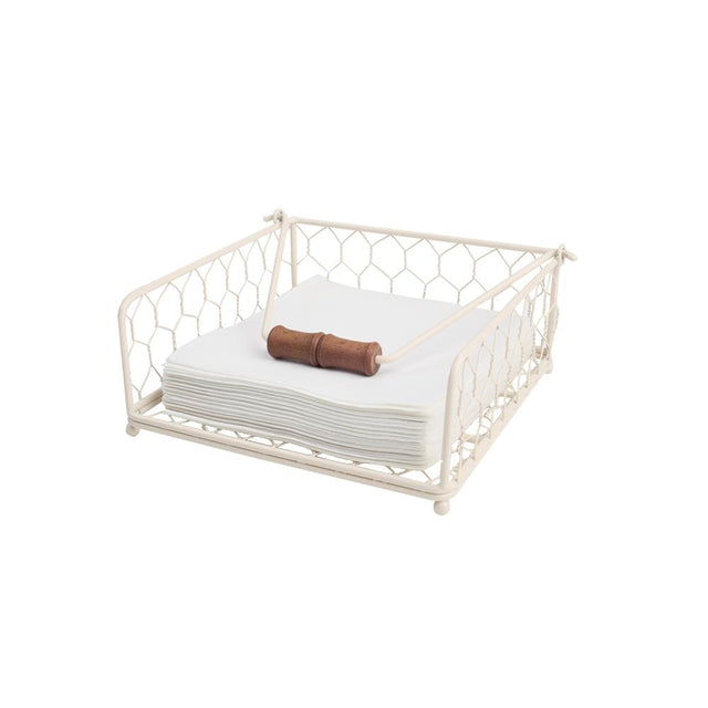 Elegant cream Wire Napkin Holder with wooden toggle, ideal for stylish and organized dining decor.