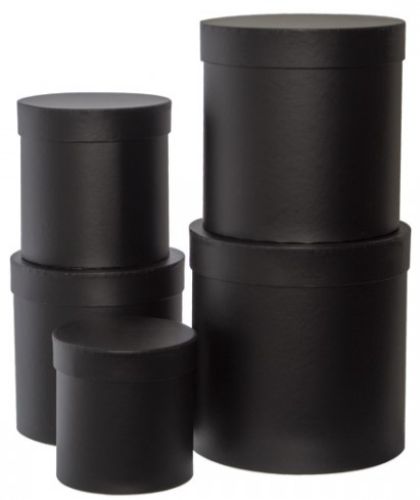 Set of 5 elegant round black gift boxes in various sizes, perfect for sophisticated gifting on any occasion.