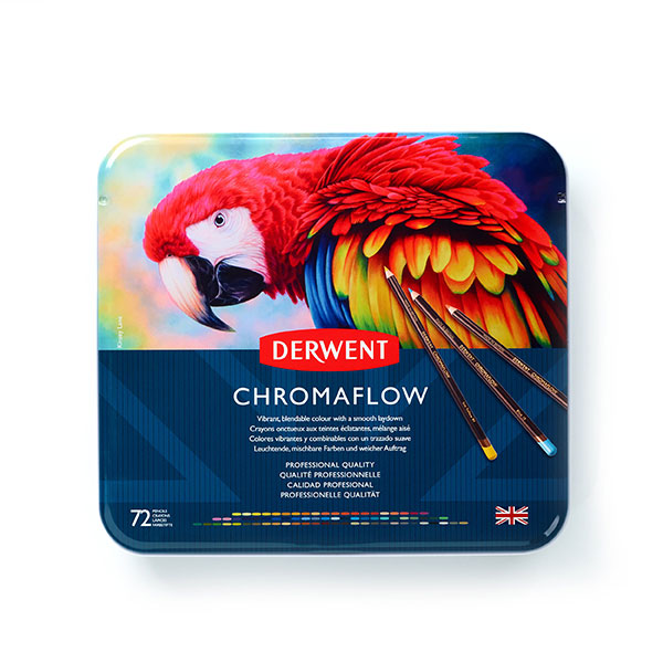 Tin of 72 Derwent Chromaflow pencils featuring vibrant colors, smooth formula, and ergonomic design for versatile artistry.