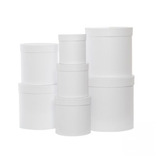 Elegant round white flower box set of 7, perfect for floral arrangements, gifts, or chic storage solutions.