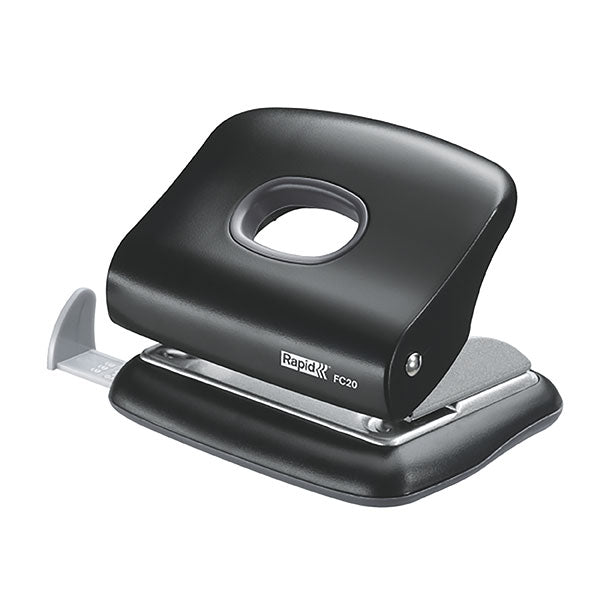 Rapid Punch FC20 black clamshell hole punch with adjustable guide, durable metal core, and easy-to-empty holder.