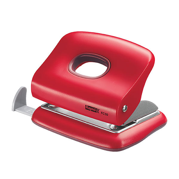 Red clamshell hole puncher with metal core, punches up to 20 sheets, includes paper guide and confetti holder.