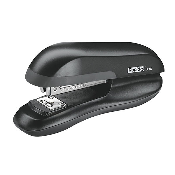 Ergonomic black Rapid F16 stapler, staples up to 20 sheets, durable steel and ABS plastic, with low staple indicator.