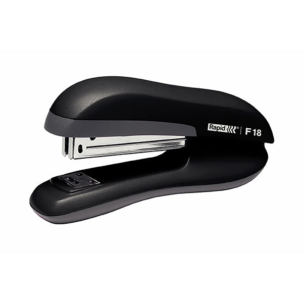 Rapid Stapler F18 in black clamshell design, ergonomic with steel mechanism, staples 20 sheets, and features a top loading design.