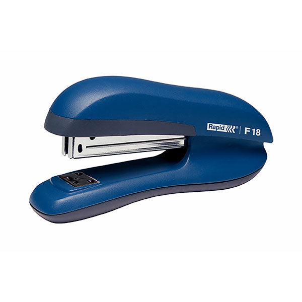 Blue Rapid Stapler F18 with ergonomic design, staples up to 20 sheets, adjustable anvil, and top-loading feature.