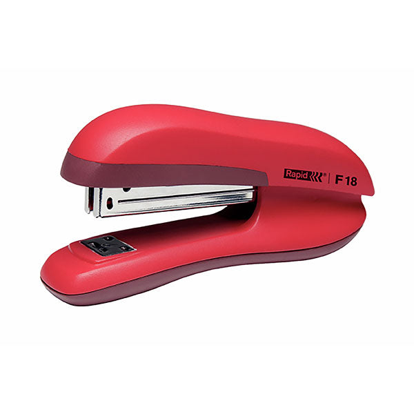 Red Rapid Stapler F18, ergonomic design, staples up to 20 sheets, steel mechanism, and convenient top-loading feature.