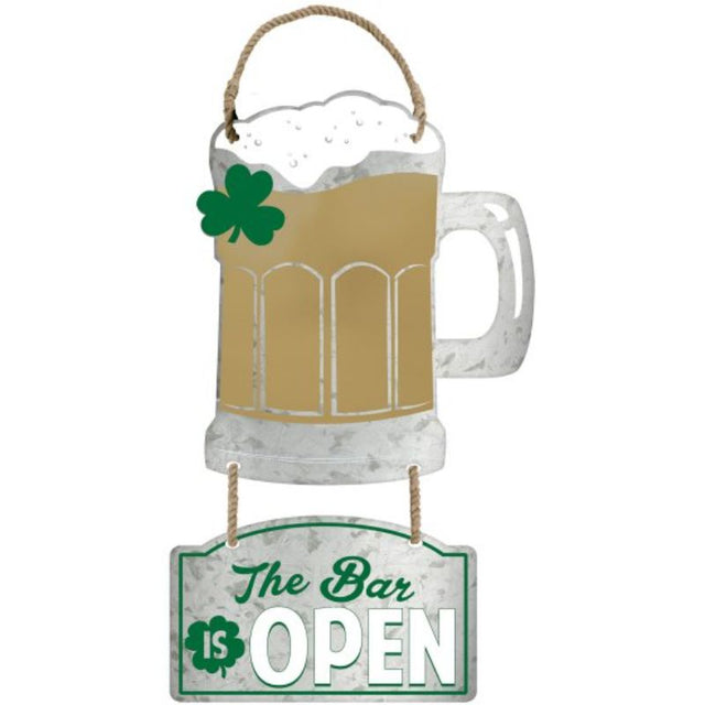 Vibrant St. Patrick's Day metal sign featuring 'The Bar is OPEN' with a playful beer mug design, ideal for festive decor.