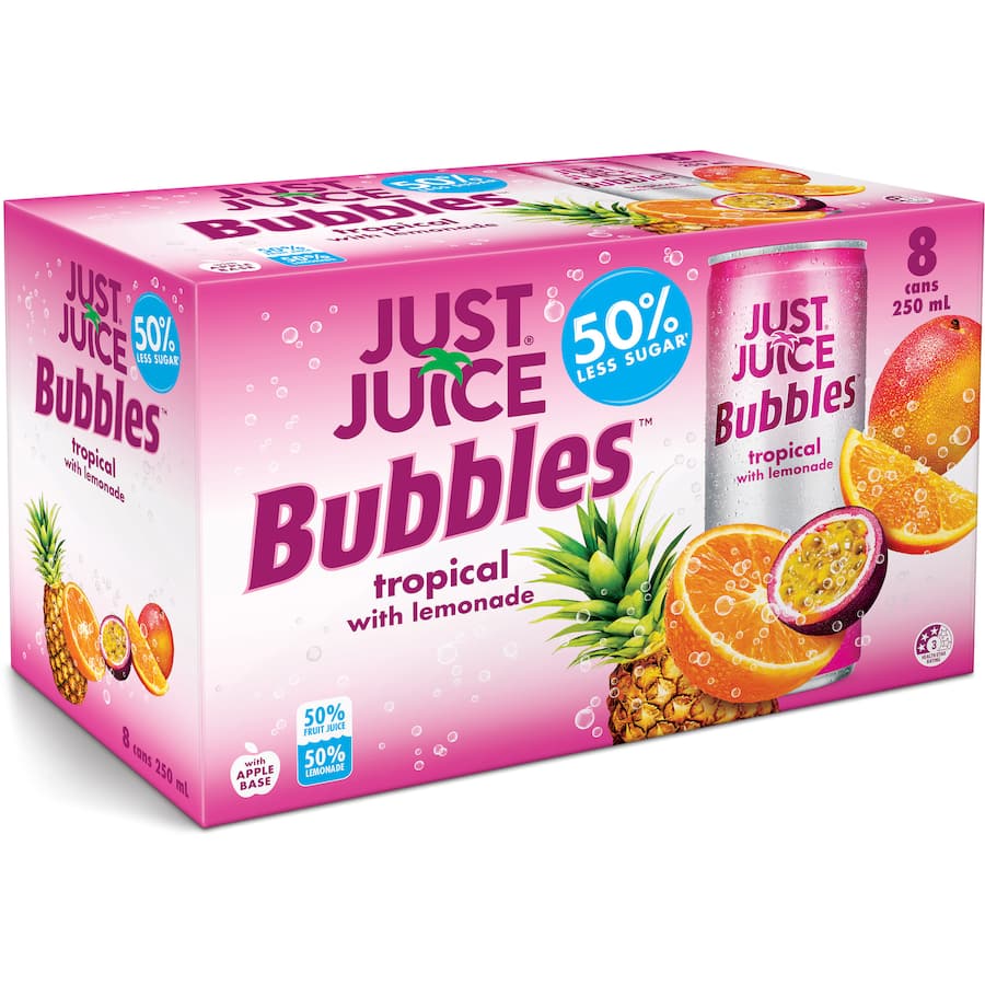 Just Juice Bubbles Tropical 50%less Sugar 250mL