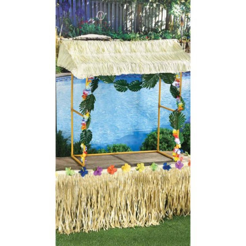 Tiki Bar Hut Tabletop Kit with colorful garlands, sturdy frame, and shade for tropical outdoor gatherings.