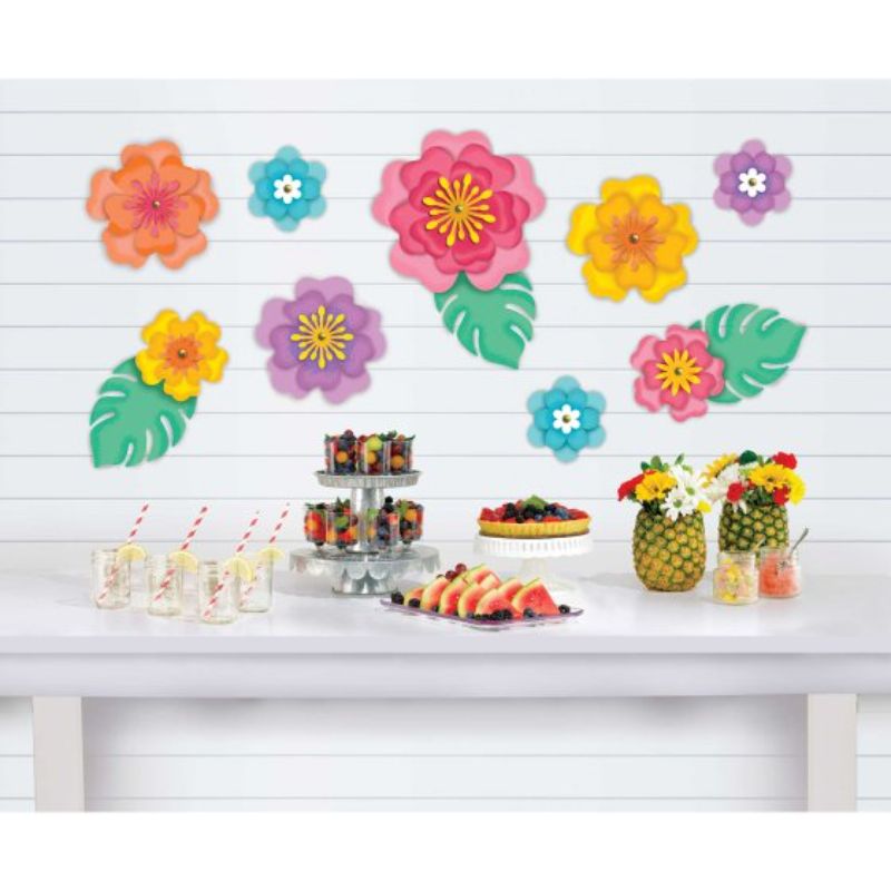Set of 12 vibrant hibiscus flowers in various sizes for tropical wall or table decor, perfect for summer events.