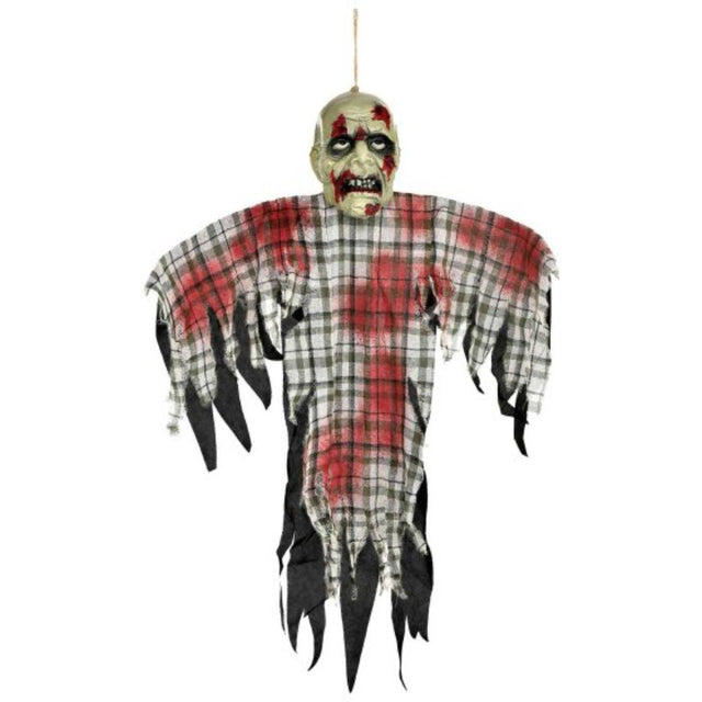 Creepy 1.21m zombie hanging decoration with lifelike details for Halloween fright. Perfect for indoor or outdoor use.