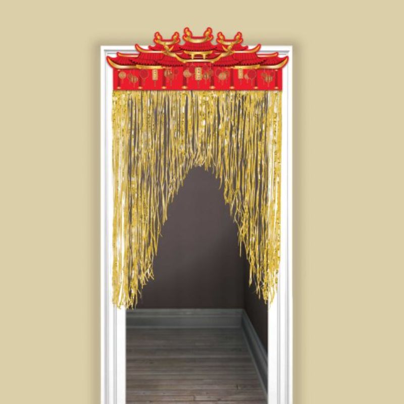 Vibrant hot-stamped Chinese New Year door curtain featuring traditional motifs, 99cm x 139cm, perfect for festive decor.