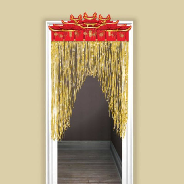 Vibrant hot-stamped Chinese New Year door curtain featuring traditional motifs, 99cm x 139cm, perfect for festive decor.